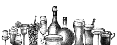 Hand-sketched drinks background. Vector banner with popular beverages in elegant glasses. Popular drinks vintage hand-drawings. Bar or restaurant menu template in sketched style.